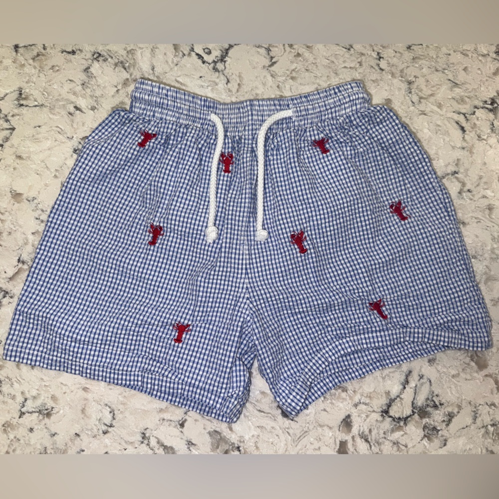 Kids Blue Gingham Lobster Smocked Swim Shorts